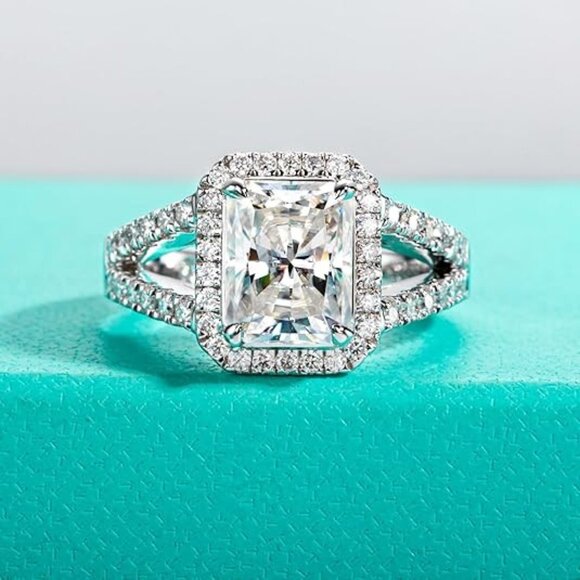 3.576cttw Radiant Cut Moissanite Ring D Color VVS1 925 Silver Side Stone - Picture 1 of 6